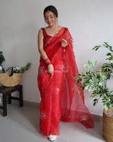 Flower Print Border Red Pure Organza Saree